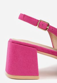 Renee - Fuksjowe Sandały Vices na Słupku Slingback ze Skórzaną Wkładką i Cyrkoniami Nimirune. Okazja: na co dzień. Zapięcie: sprzączka. Kolor: różowy. Materiał: skóra. Wzór: aplikacja. Obcas: na słupku. Styl: casual. Wysokość obcasa: średni #6