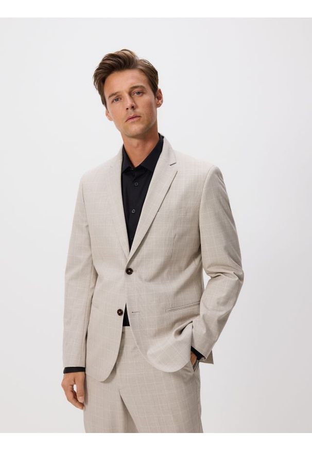 Reserved - Marynarka slim fit w kratę - beżowy. Kolor: beżowy. Materiał: tkanina, wiskoza