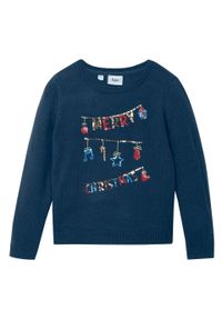 Sweter dziewczęcy z bożonarodzeniowym motywem z cekinami bonprix ciemnoniebieski. Kolor: niebieski. Materiał: materiał, akryl. Wzór: aplikacja #1