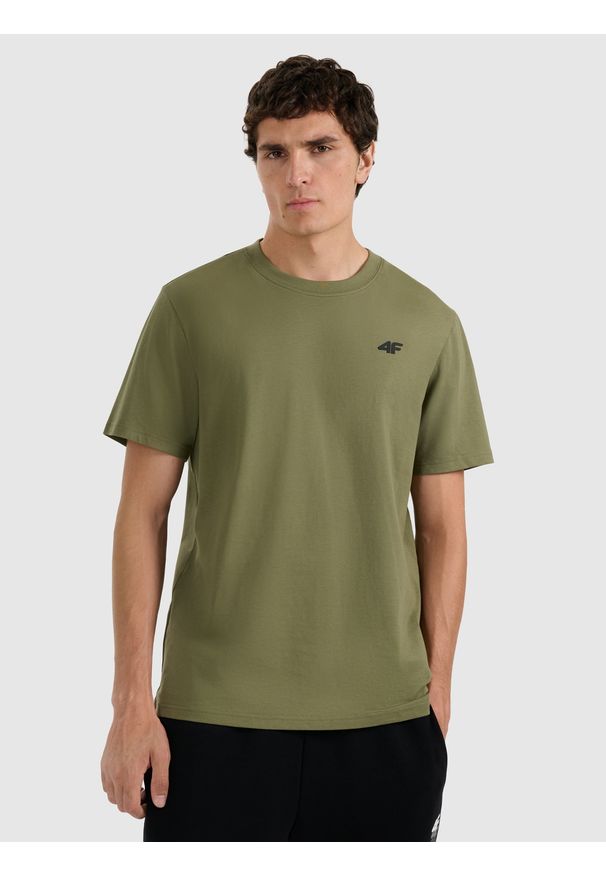 4f - 4F T-shirt regular gładki męski - khaki XL. Okazja: na co dzień. Kolor: oliwkowy, wielokolorowy, brązowy. Materiał: bawełna, materiał. Wzór: gładki. Styl: casual