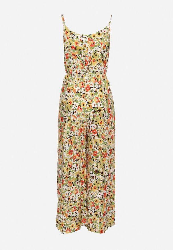 Born2be - Zielony Kombinezon w Kwiatowy Wzór z Szerokimi Nogawkami i Sznurkiem w Talii Celiana. Kolor: zielony. Materiał: wiskoza. Długość rękawa: na ramiączkach. Wzór: kwiaty. Sezon: lato. Styl: boho