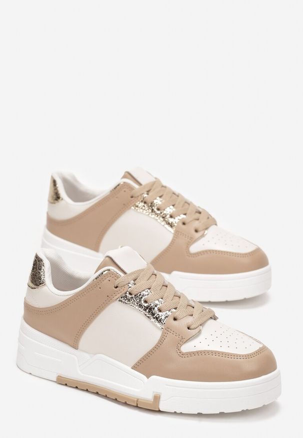 Renee - Ciemnobeżowe Sneakersy z Ozdobnymi Wstawkami Jeffeed. Nosek buta: okrągły. Zapięcie: sznurówki. Kolor: beżowy. Materiał: materiał. Obcas: na obcasie. Wysokość obcasa: niski