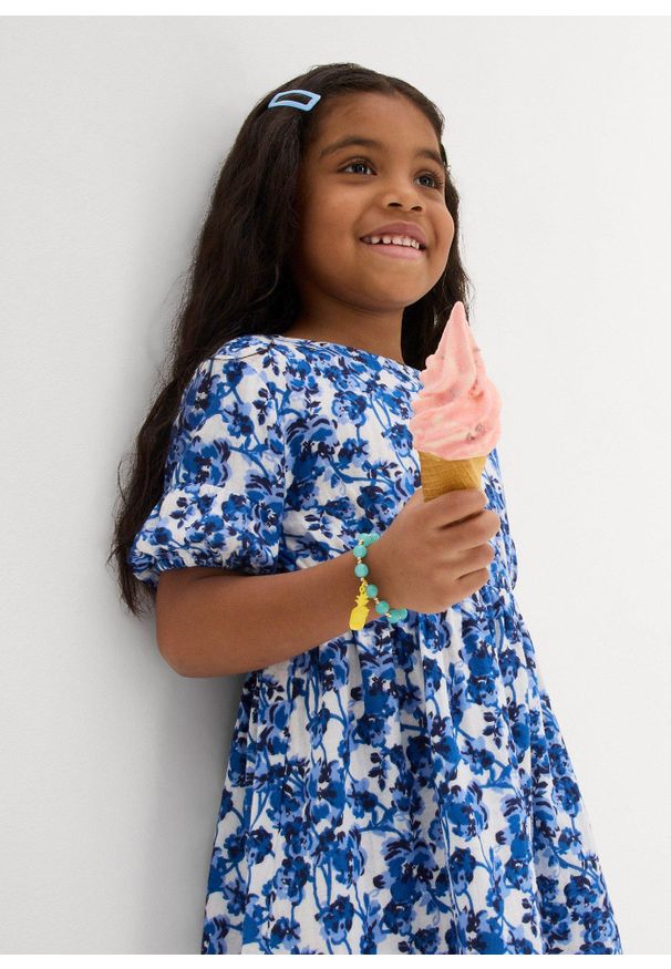 bonprix - Sukienka z miękkiego muślinu. Kolor: biały. Długość rękawa: krótki rękaw. Wzór: kwiaty, nadruk. Sezon: lato. Typ sukienki: trapezowe