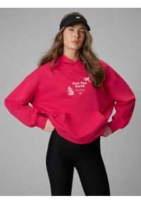 4f - 4F Bluza dresowa loose z kapturem damska - różowa XS. Okazja: na co dzień. Typ kołnierza: kaptur. Kolor: różowy. Materiał: dresówka. Styl: casual #1