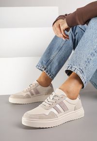 Born2be - Beżowe Skórzane Sneakersy z Paskami Andaxele. Okazja: na co dzień. Zapięcie: pasek. Kolor: beżowy. Materiał: skóra #3