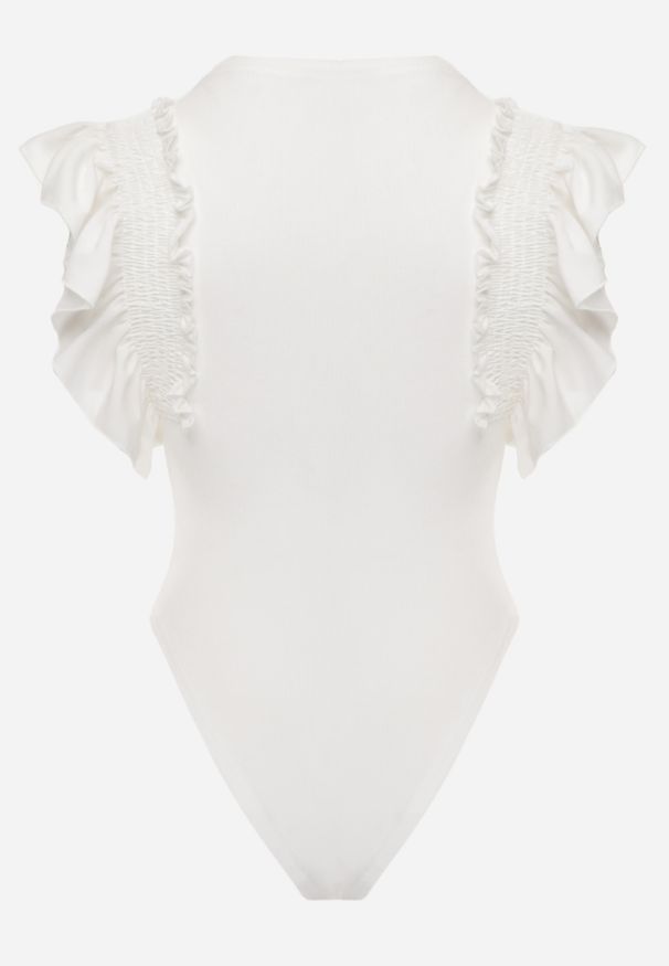 Renee - Białe Eleganckie Body z Bawełny z Zapięciem na Napy Wykończone Falbankami Iilines. Okazja: do pracy, na co dzień. Typ kołnierza: kołnierz z falbankami. Kolor: biały. Materiał: bawełna. Długość rękawa: krótki rękaw. Długość: krótkie. Styl: elegancki