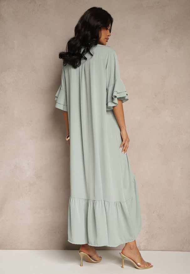 Renee - Jasnozielona Koszulowa Sukienka Ozdobiona Falbanką Ransara. Okazja: na co dzień. Kolor: zielony. Wzór: aplikacja. Typ sukienki: koszulowe. Styl: klasyczny, casual, elegancki