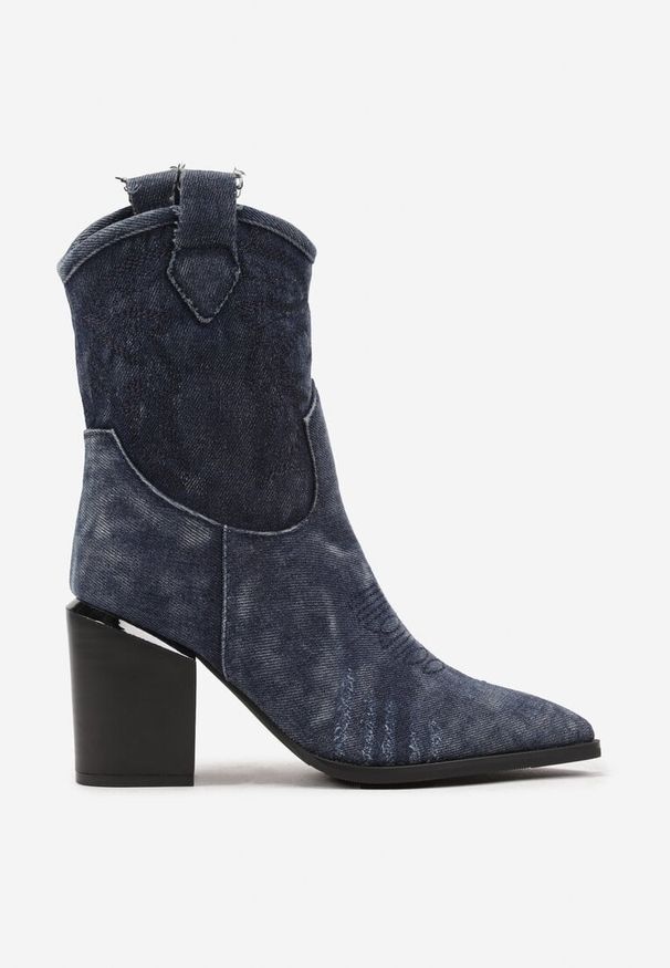 Born2be - Granatowe Botki Kowbojki na Obcasie Typu Słupek z Ozdobnymi Przeszyciami Laonique. Kolor: niebieski. Obcas: na obcasie. Styl: boho, elegancki. Wysokość obcasa: średni