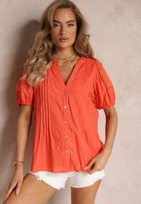 Renee - Pomarańczowa Bawełniana Koszula z Bufiastym Rękawem Shafira. Kolor: pomarańczowy. Materiał: bawełna. Długość: krótkie #2