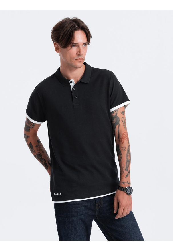 Ombre Clothing - Bawełniana męska koszulka polo z kontrastowymi wykończeniami – czarna V8 - Rozmiar: XL. Typ kołnierza: polo. Kolor: czarny. Materiał: bawełna. Wzór: haft