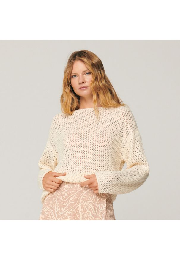 Sinsay - Sweter ażurowy - Kremowy. Kolor: kremowy. Wzór: ażurowy