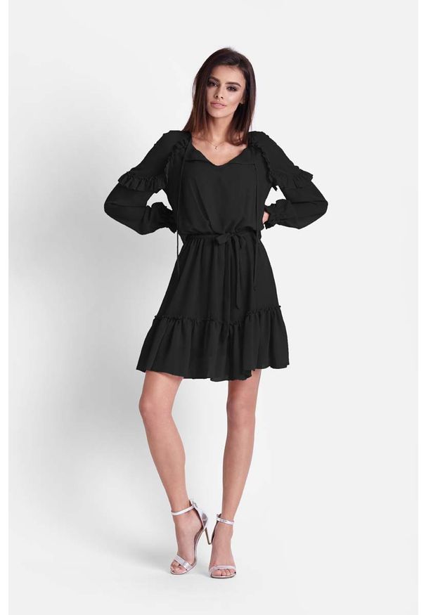 IVON - Czarna Zwiewna Szyfonowa Sukienka w Stylu Boho. Kolor: czarny. Materiał: szyfon. Styl: boho