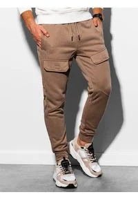 Ombre Clothing - Spodnie męskie dresowe joggery P904 - camel - L. Materiał: dresówka