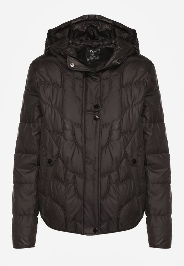 Renee - Czarna Kurtka Przejściowa z Kapturem w Oryginalne Pikowane Przeszycia Arivitta. Okazja: na spacer. Typ kołnierza: kaptur. Kolor: czarny. Materiał: jeans, poliester