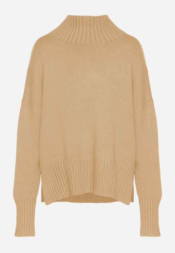 Born2be - Beżowy Gładki Golf w Klasycznym Stylu Ralenatia. Okazja: na co dzień. Typ kołnierza: golf. Kolor: beżowy. Materiał: skóra, jeans. Długość rękawa: długi rękaw. Długość: długie. Wzór: gładki. Styl: klasyczny