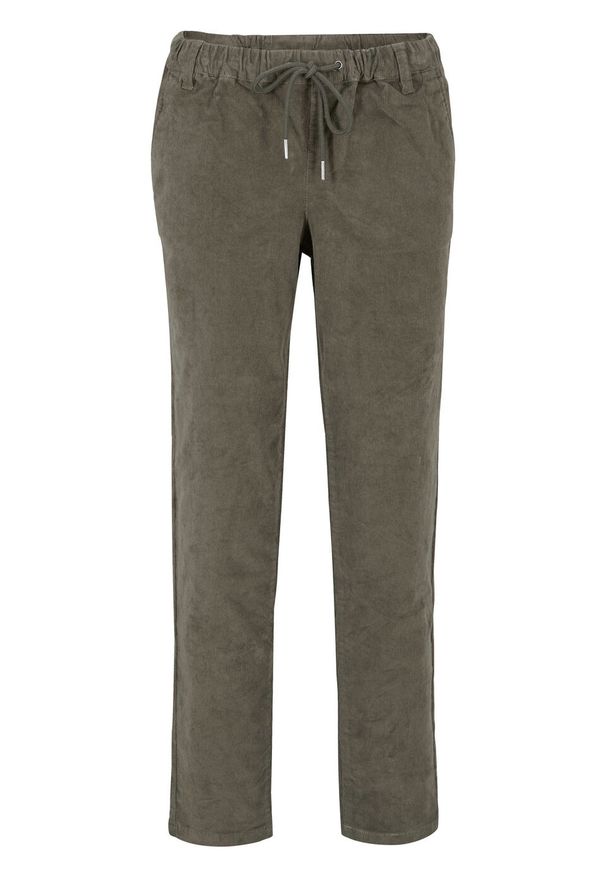 Spodnie sztruksowe z wiązanym troczkiem bonprix Spodnie sztruks c.oliw. Kolor: zielony. Materiał: sztruks, bawełna, materiał, elastan