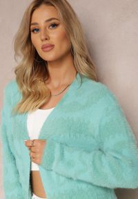 Renee - Zielony Długi Kardigan Puszysty Aborra. Kolekcja: plus size. Kolor: zielony. Materiał: tkanina, dzianina. Długość: długie. Wzór: aplikacja