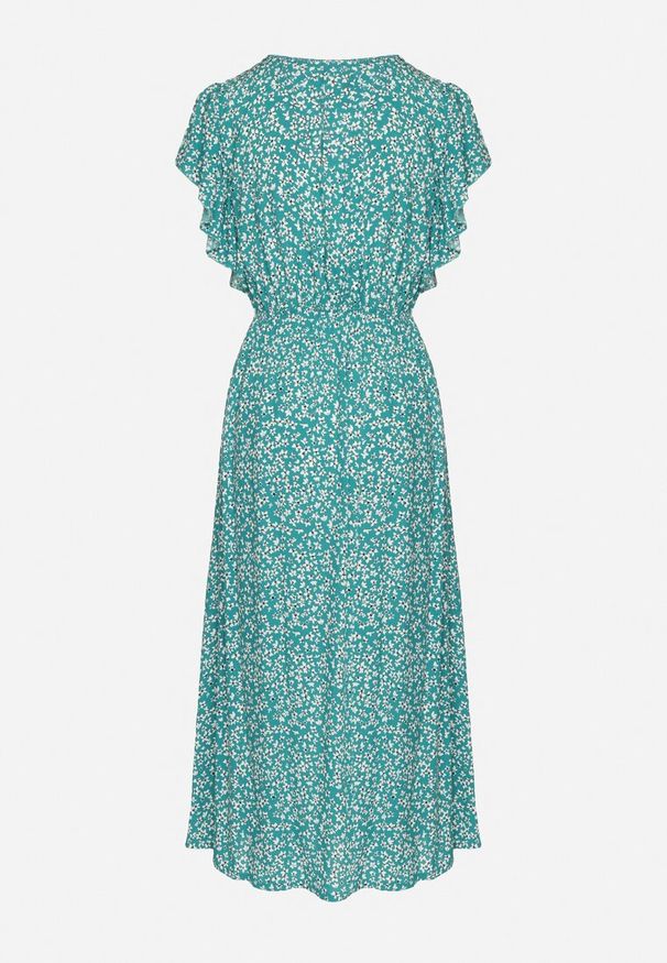 Born2be - Zielona Bawełniana Sukienka z Gumką w Talii w Drobne Kwiatki Nulinea. Okazja: na co dzień. Typ kołnierza: dekolt w serek. Kolor: zielony. Materiał: bawełna. Wzór: kwiaty. Typ sukienki: rozkloszowane. Styl: elegancki, casual, klasyczny