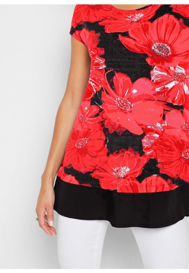 bonprix - Długi shirt z szyfonem. Kolor: czarny. Materiał: szyfon. Długość: długie. Wzór: nadruk. Sezon: lato