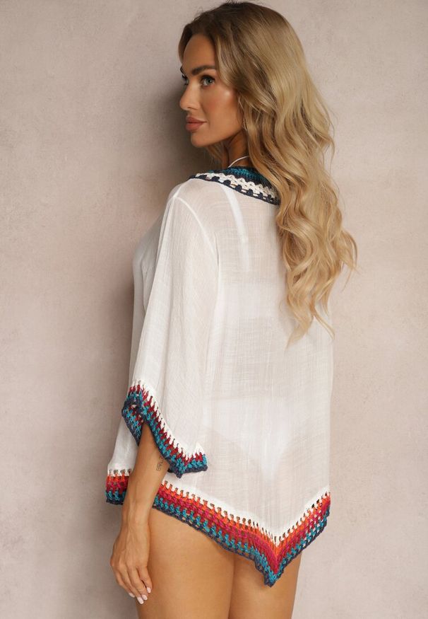 Renee - Biała Bluzka Narzutka w Stylu Boho z Rękawem 3/4 Dimiara. Okazja: na co dzień. Kolor: biały. Materiał: jeans, materiał. Wzór: haft. Styl: boho