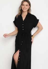 Born2be - Czarna Sukienka Koszulowa z Wiskozy i Lnu Wiązana w Talii z Kieszeniami Efrasira. Okazja: na co dzień. Kolor: czarny. Materiał: wiskoza, len. Typ sukienki: koszulowe. Styl: elegancki, casual #7