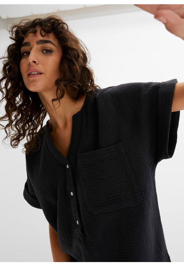 bonprix - Bluzka muślinowa z krótki rękawem. Kolor: czarny. Długość rękawa: krótki rękaw. Długość: krótkie. Styl: elegancki