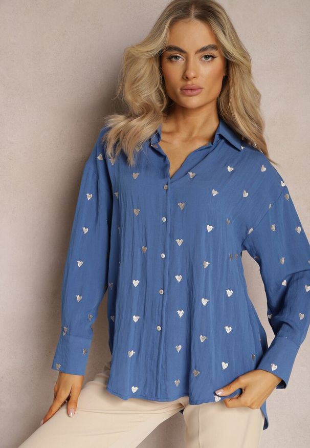 Renee - Niebieska Klasyczna Koszula Bawełniana z Dodatkiem Lnu Larnniea. Okazja: na spacer. Kolor: niebieski. Materiał: len, bawełna. Sezon: lato. Styl: klasyczny