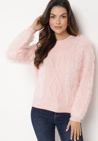Born2be - Różowy Sweter z Wełną o Wzorzystym Splocie z Ozdobną Fakturą Mirilena. Okazja: na co dzień. Kolor: różowy. Materiał: wełna. Wzór: ze splotem. Styl: casual, elegancki #5