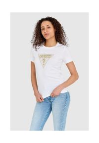 Guess - GUESS Biały t-shirt damski ze złotym haftowanym cyrkoniami logotypem slim fit, Rozmiar S. Kolor: biały. Materiał: bawełna. Wzór: haft #5
