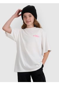 4f - 4F T-shirt oversize z nadrukiem dziewczęcy - biały 164 (13-14 lat). Kolor: biały. Materiał: skóra. Wzór: nadruk. Sezon: lato