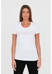 Guess - GUESS Biały damski t-shirt bawełniany Stones Logo Tee, Rozmiar M. Kolor: biały. Materiał: bawełna