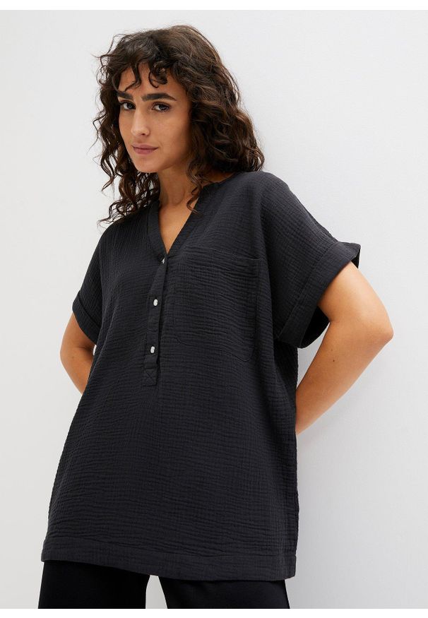 bonprix - Bluzka muślinowa z krótki rękawem. Kolor: czarny. Długość rękawa: krótki rękaw. Długość: krótkie. Styl: elegancki