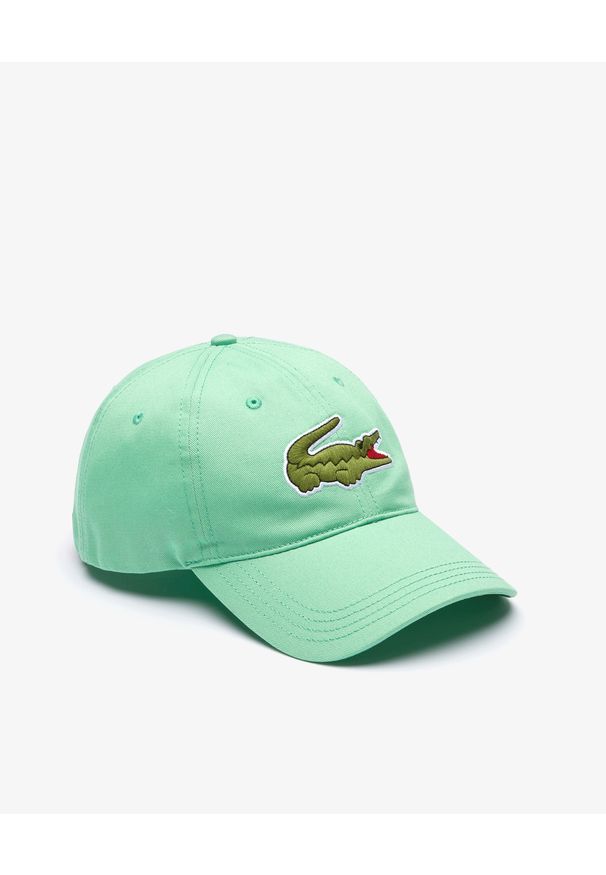 Lacoste - LACOSTE - Jasnozielona czapka z dużym logo. Kolor: zielony. Materiał: bawełna. Wzór: haft, aplikacja. Sezon: lato, wiosna