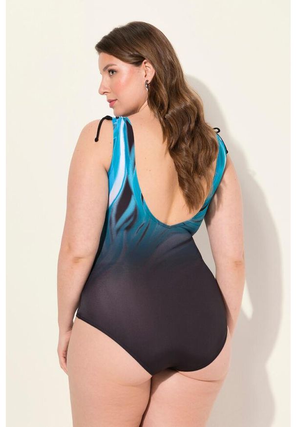 ULLA POPKEN - Damski Kostium kąpielowy motyw głębi oceanu miękkie miseczki marszczona taśma. Kolekcja: plus size. Kolor: czarny. Materiał: poliamid, materiał, elastan