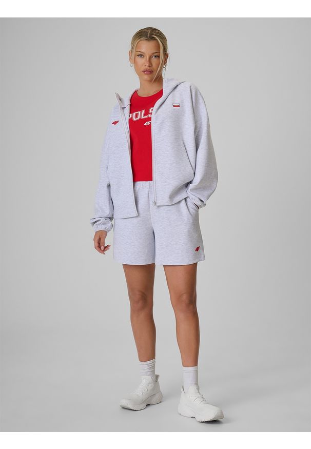 4f - 4F Bluza dresowa regular z kapturem damska - szara M. Okazja: na co dzień. Typ kołnierza: kaptur. Kolor: szary. Materiał: dresówka. Wzór: nadruk. Styl: casual, sportowy
