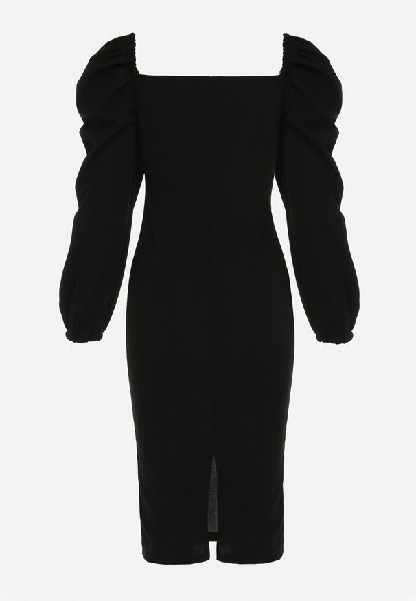 Born2be - Czarna Sukienka Midi z Kopertową Górą i Bufiastymi Rękawami Ozdobiona Marszczeniami Azurma. Okazja: na co dzień. Kolor: czarny. Wzór: aplikacja. Typ sukienki: kopertowe. Styl: casual. Długość: midi