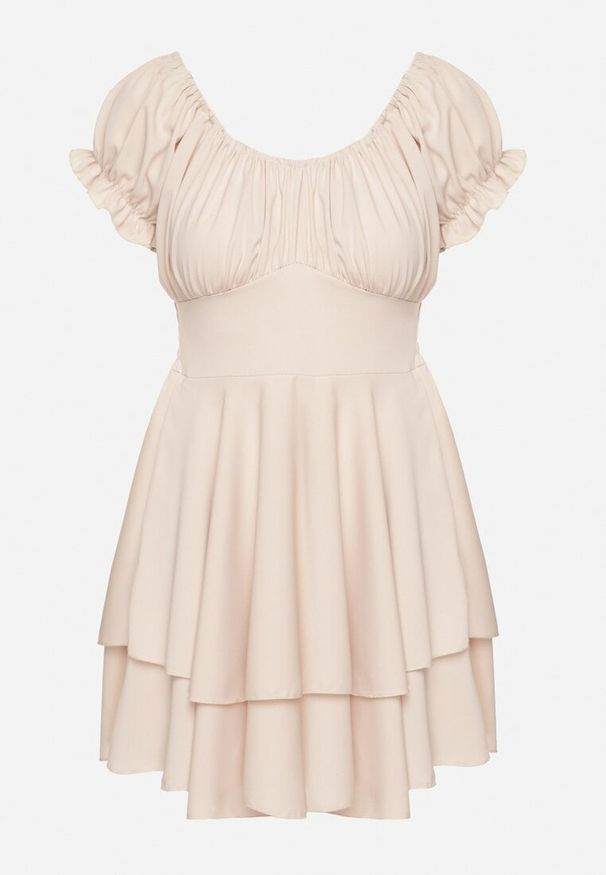 Born2be - Beżowa Sukienka z Bawełną Bufiastymi Rękawami i Falbankami Maveleira. Typ kołnierza: kołnierz z falbankami. Kolor: beżowy. Materiał: bawełna. Styl: elegancki