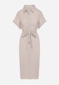 Born2be - Jasnoszara Sukienka z Wiskozy o Koszulowym Kroju z Wiązanym Paskiem Danisna. Okazja: na co dzień. Kolor: szary. Materiał: wiskoza. Długość rękawa: krótki rękaw. Wzór: aplikacja. Typ sukienki: koszulowe. Styl: klasyczny, casual, elegancki. Długość: midi #3