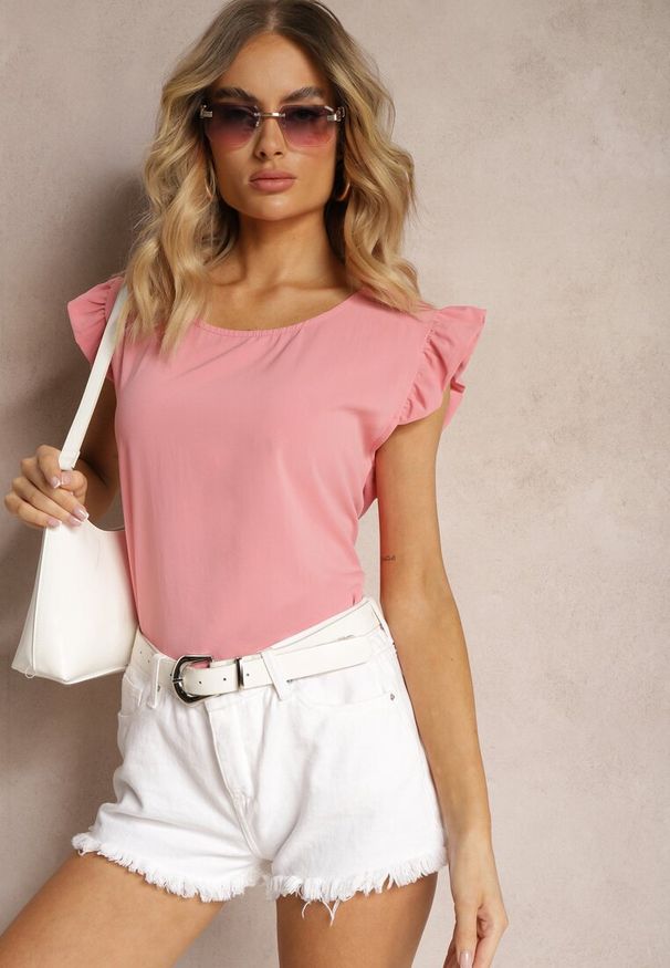 Renee - Różowa Koszulka Top bez Rękawów z Ozdobnymi Falbankami Wiollia. Okazja: na co dzień. Typ kołnierza: kołnierz z falbankami. Kolekcja: plus size. Kolor: różowy. Materiał: tkanina, jeans. Długość rękawa: bez rękawów. Sezon: lato. Styl: casual