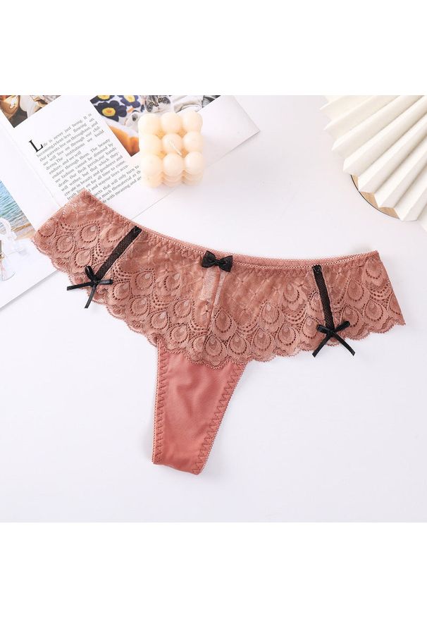 Intica - Stringi koronkowe z kokardkami eleganckie Destini. Kolor: beżowy. Materiał: koronka. Wzór: koronka