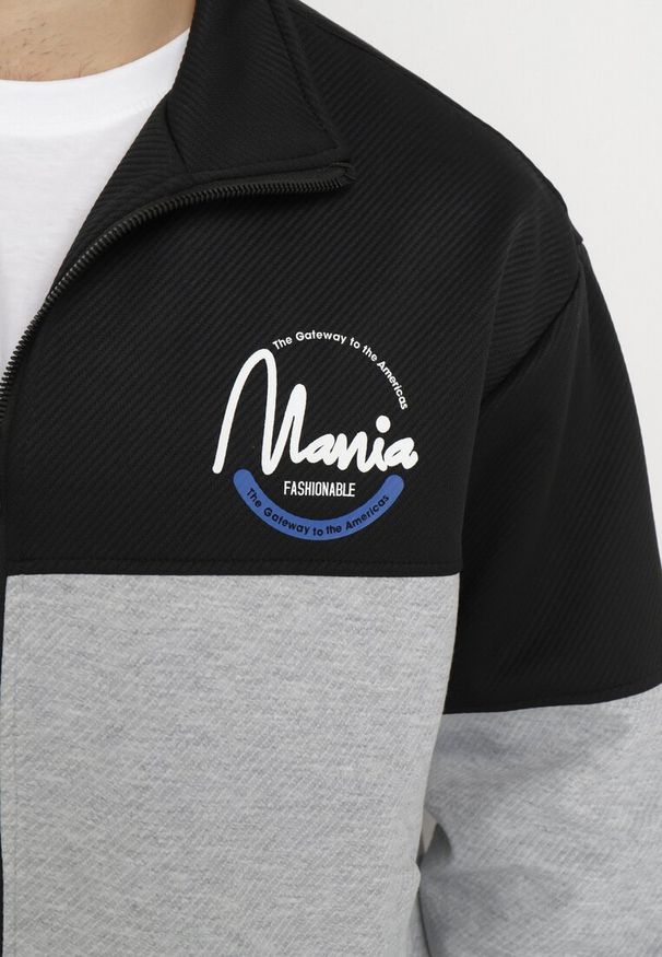 Born2be - Czarno-Szara Kurtka Dresowa z Wysokim Kołnierzem i Nadrukiem Lwanes. Kolor: czarny. Materiał: dresówka. Wzór: nadruk. Styl: sportowy