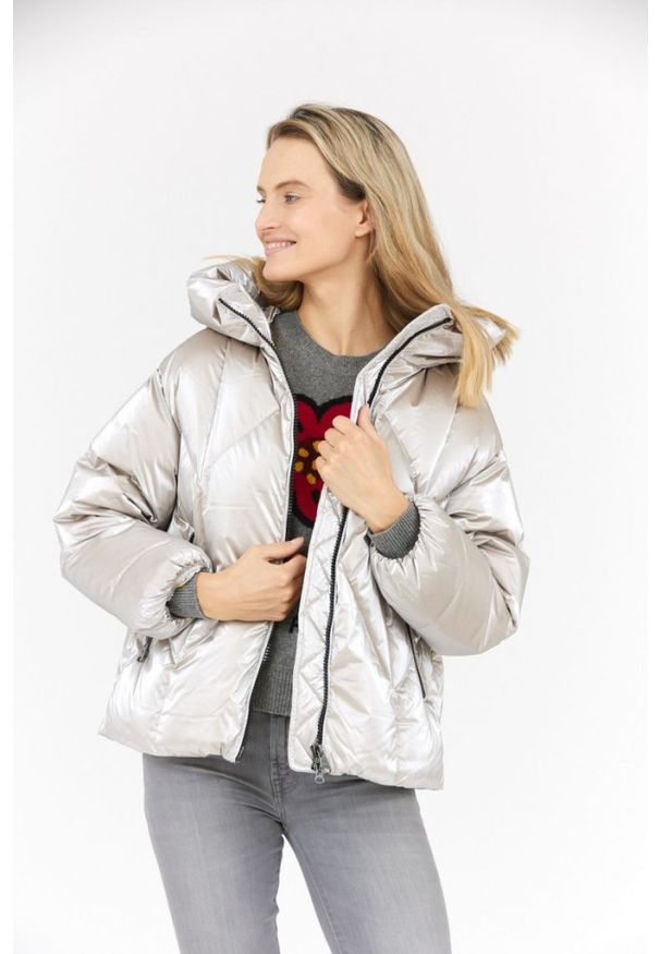 Hetrego - HETREGO Srebrna kurtka damska z kapturem Muriel, Rozmiar 34 EU - 38 IT. Typ kołnierza: kaptur. Kolor: srebrny