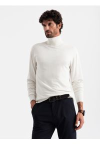 Ombre Clothing - Jednokolorowy dzianinowy męski golf z wiskozą – biały V3. Typ kołnierza: golf. Kolor: biały. Materiał: wiskoza, dzianina #3