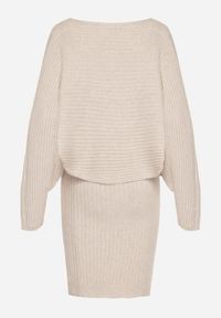 Born2be - Ciemnobeżowy Dzianinowy Komplet Prążkowany Sukienka i Sweter o Kroju Nietoperz Wederela. Kolor: beżowy. Materiał: prążkowany, dzianina #6