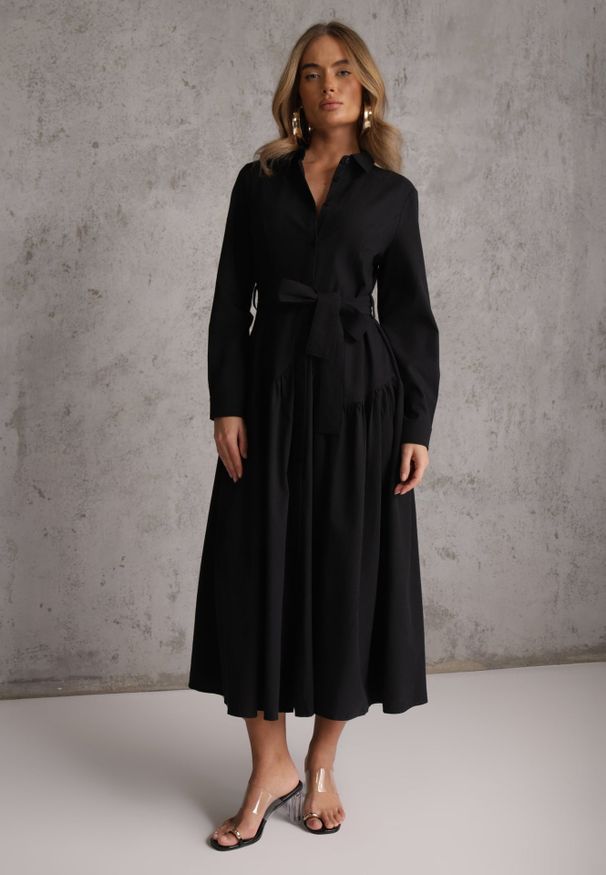 Renee - Czarna Sukienka w Koszulowym Stylu z Wiskozą Bawełną i Paskiem Nerigunn. Kolor: czarny. Materiał: wiskoza, bawełna. Sezon: lato. Typ sukienki: koszulowe. Styl: elegancki