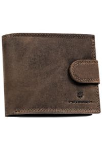 Zestaw prezentowy: brelok i brązowy, skórzany portfel męski z zapięciem na zatrzask - Peterson. Kolor: brązowy. Materiał: skóra #1