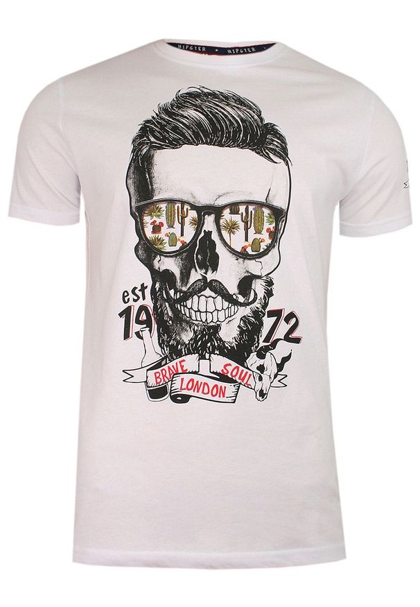 Brave Soul - Biały T-Shirt (Koszulka) z Nadrukiem -BRAVE SOUL- Męski, Okrągły Dekolt, Brodacz, Barber, Hipster. Okazja: na co dzień. Kolor: biały. Materiał: bawełna. Wzór: nadruk. Styl: casual