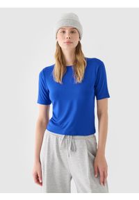 4f - 4F T-shirt slim gładki damski - niebieski L. Okazja: na co dzień. Kolor: niebieski. Materiał: dzianina, wiskoza, jersey, materiał, elastan. Długość rękawa: krótki rękaw. Długość: krótkie. Wzór: gładki. Sezon: lato, wiosna. Styl: sportowy, casual