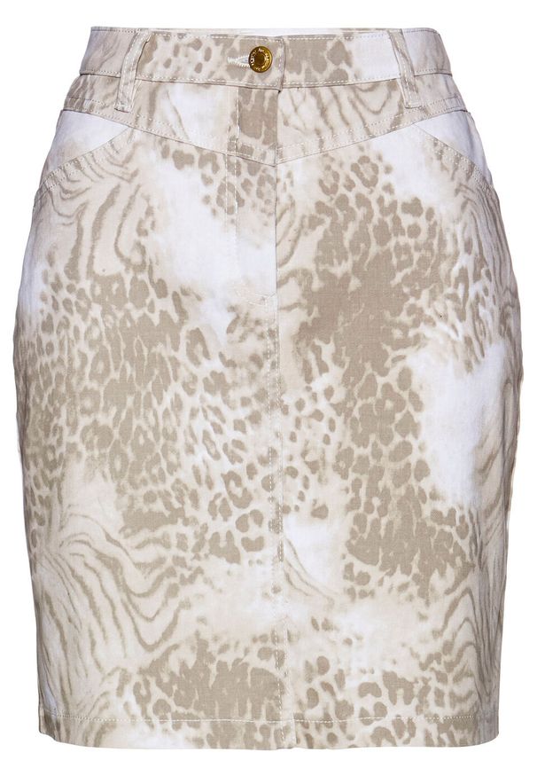Spódnica dżinsowa z nadrukiem bonprix w cętki leoparda. Kolor: biały. Wzór: nadruk