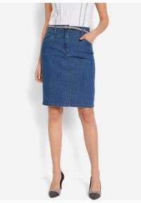 bonprix - Spódnica dżinsowa ze stretchem. Okazja: na spotkanie biznesowe, do pracy. Kolor: niebieski. Materiał: materiał. Wzór: nadruk. Styl: biznesowy, elegancki, sportowy, klasyczny #1
